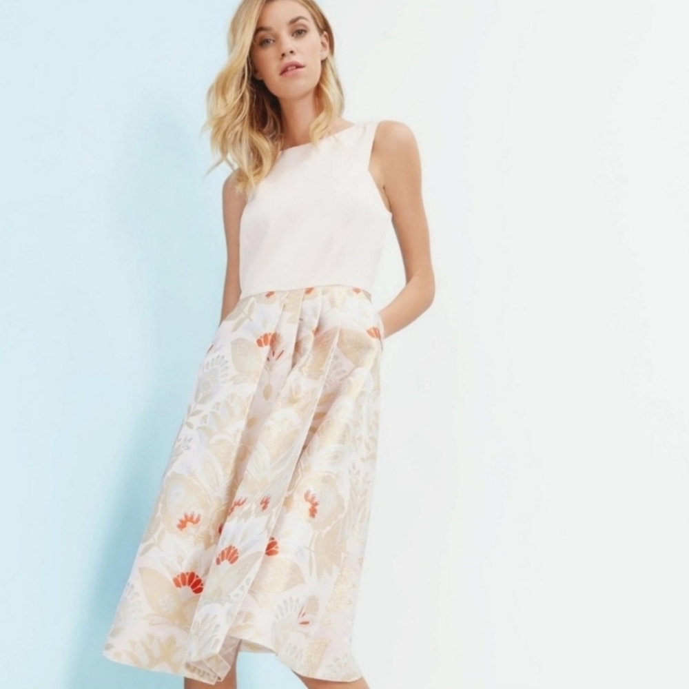 Ted Baker Pale Pink Bodice Floral Print Midi Dress